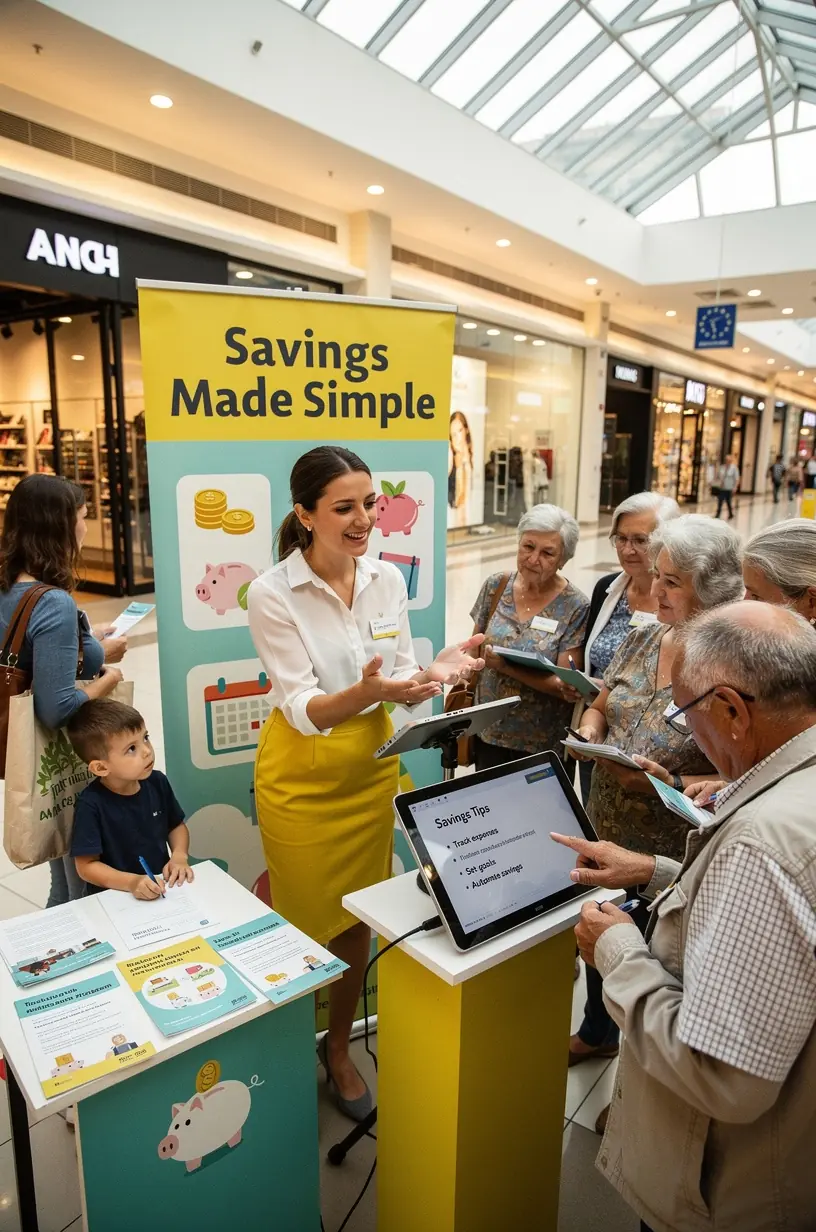 Személyes pénzügyi alapismeretekről szóló blog képernyője, amely mellett oktató stand áll bevásárlóközpontban.