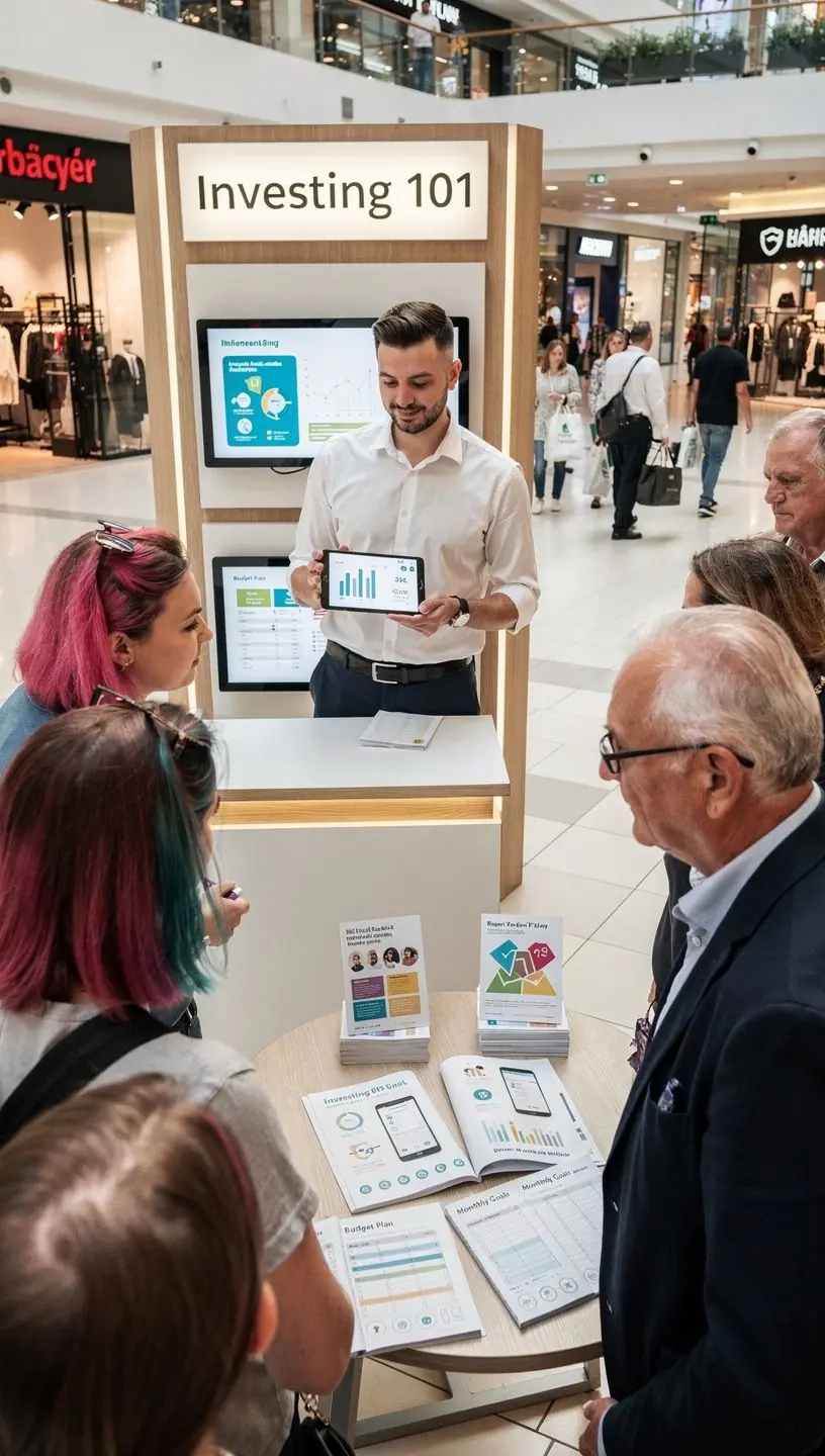 Pénzügyi könyvek és eszközök kiállítása egy pop-up oktatóstandon, vásárlók érdeklődnek körülötte.