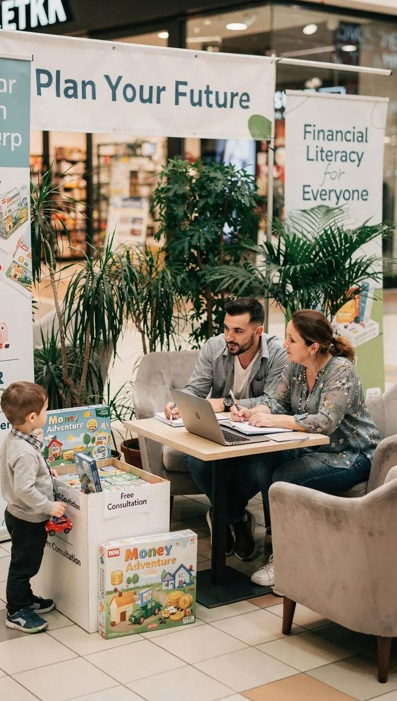 Élő tanácsadás zajlik egy bevásárlóközpontban felállított pénzügyi oktatóállomáson, ahol szakértő segít a látogatóknak.