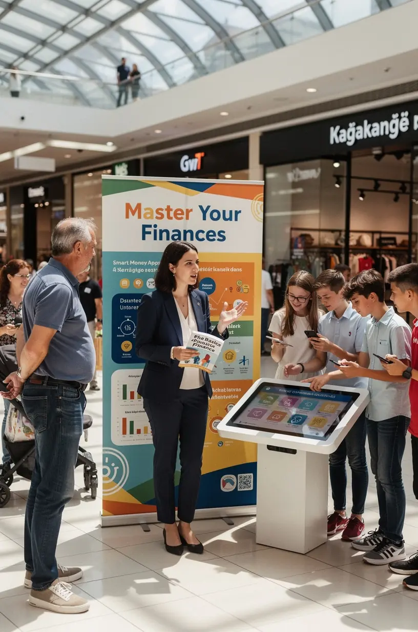 Részletes pénzügyi útmutató könyvborítója, amely elérhető a pop-up standon, bemutatva a pénzügyi tervezés alapjait.