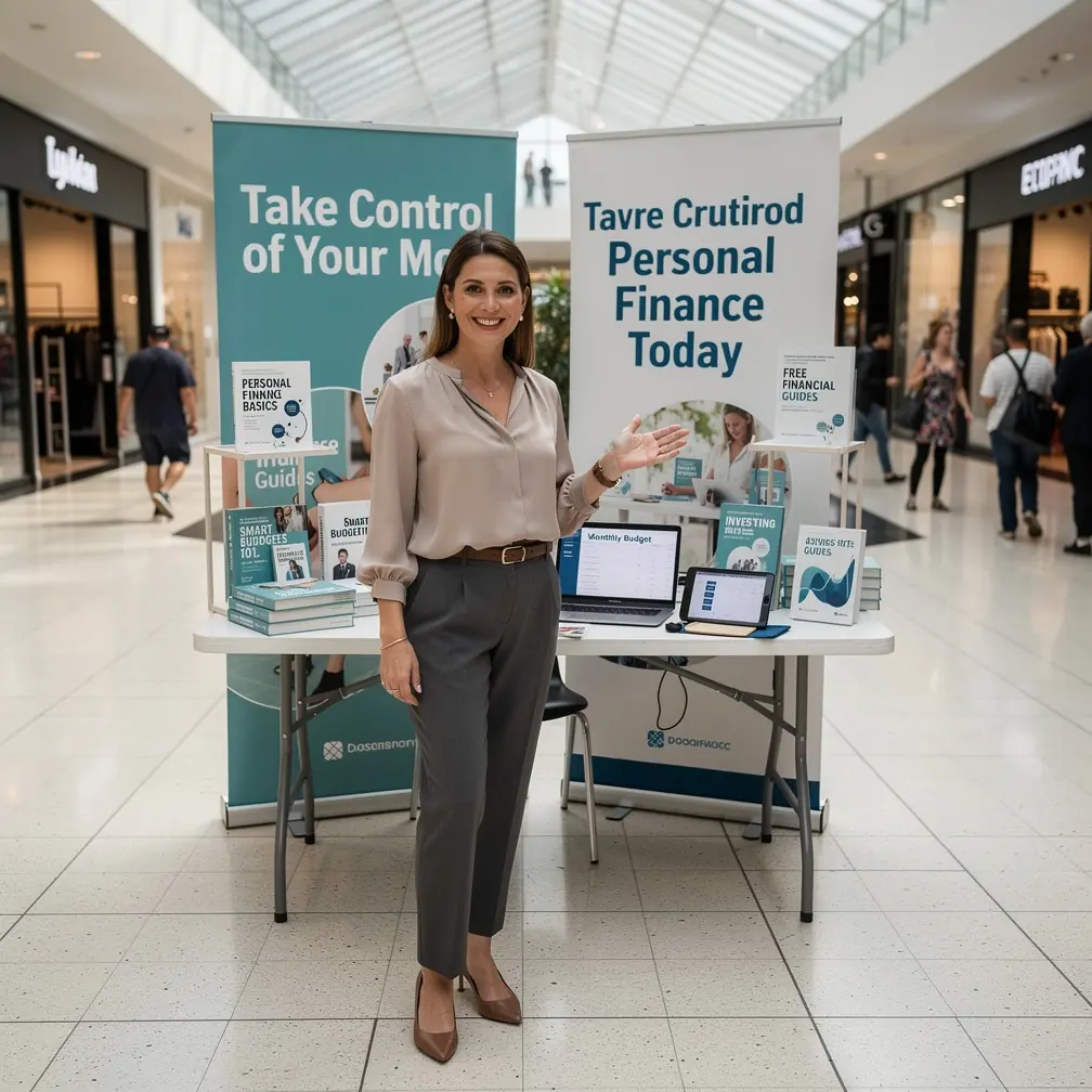 Élő pénzügyi tanácsadás zajlik egy standnál, ahol látogatók kérdéseket tesznek fel szakértőknek.