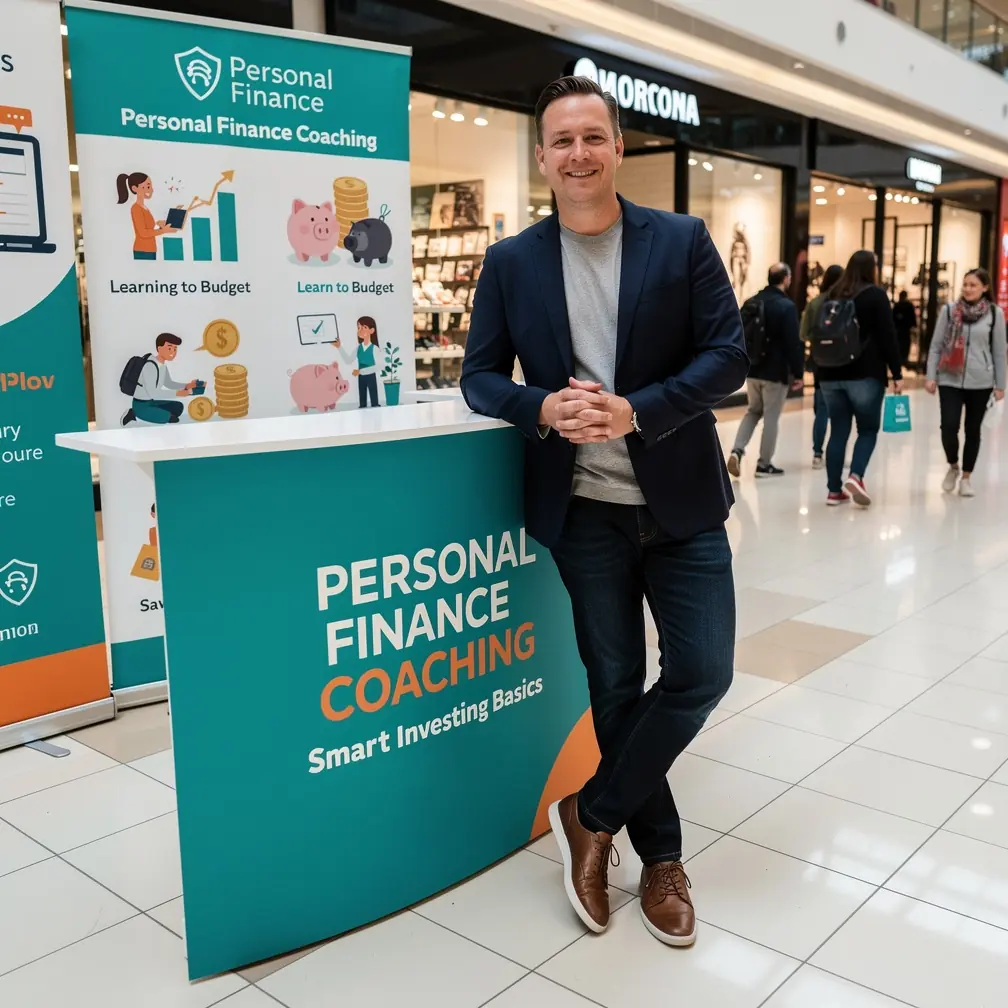 Pénzügyi tervezéshez szükséges eszközök és könyvek rendezett kiállítása egy forgalmas bevásárlóközpontban.