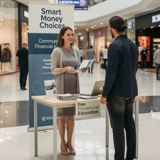 Szakmai tanácsadó segít személyes pénzügyi kérdésekben egy pop-up oktatóstandnál vásárlók számára.